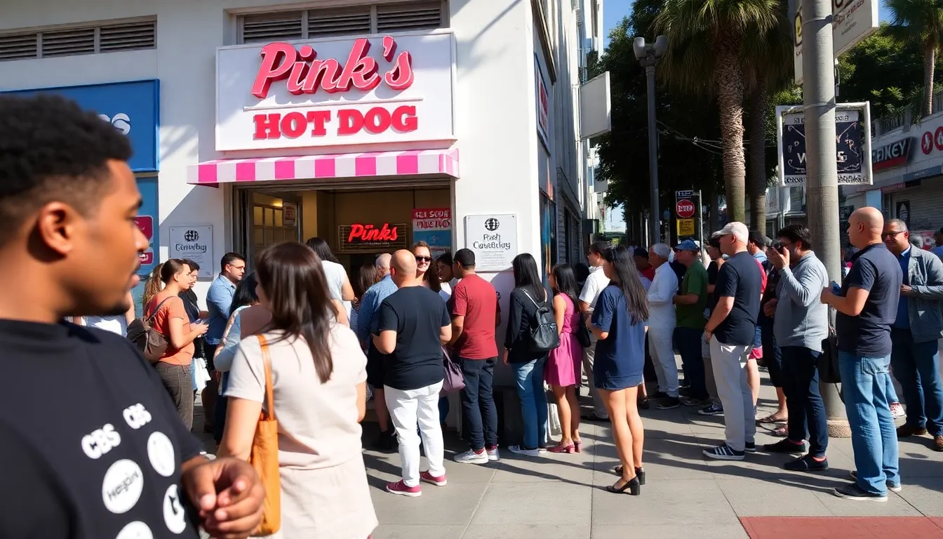 A closeup of a happy customer savoring a hot dog from Pink's, surrounded by fellow fans eagerly engaging in conversations about the show