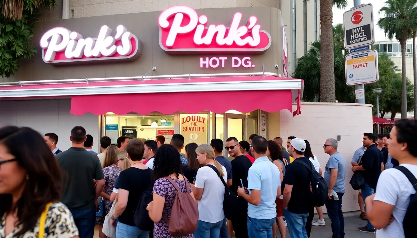An inviting view of the Pink's Hot Dogs stand, bustling with patrons and adorned with banners promoting the collaboration with CBS's 'Elsbeth'