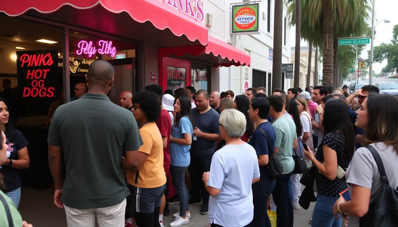 A crowd gathers outside Pink's Hot Dogs in Hollywood, eagerly awaiting free hot dogs as part of CBS' Emmy FYC initiative for the series 'Elsbeth.'