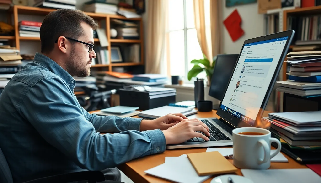 A dedicated fan page administrator types furiously on a laptop surrounded by notes and coffee, reflecting the intense pressure of providing realtime updates on a celebrity amidst a flurry of social media notifications.