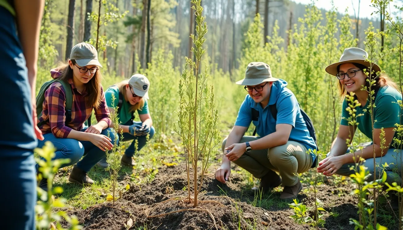 A group of volunteers gathers in a lush forest to plant trees as part of a wildlife restoration initiative aimed at combating habitat loss.