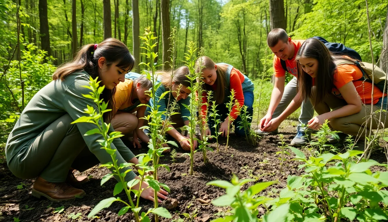 A group of volunteers working together to plant native trees, highlighting the importance of community involvement in wildlife restoration initiatives
