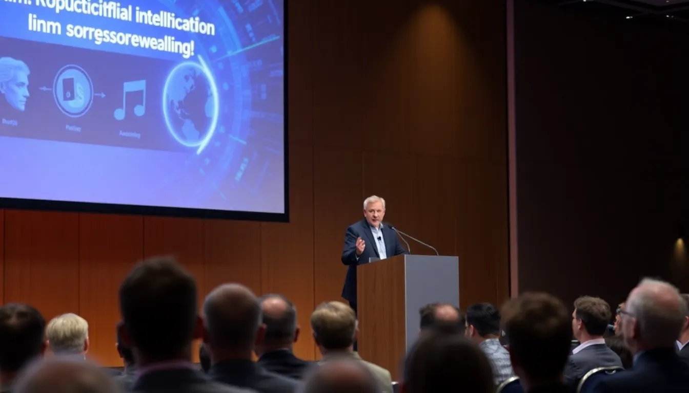 Charles Rivkin speaks on stage at an industry conference, emphasizing the impact of artificial intelligence on storytelling and audience engagement in the film sector.