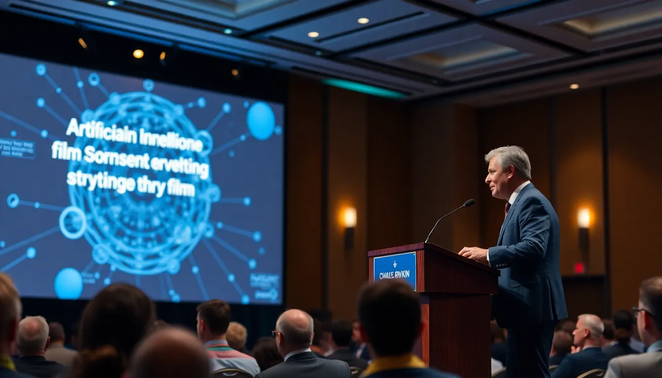 A diverse audience listens intently as Rivkin highlights AI's potential to augment human creativity in filmmaking