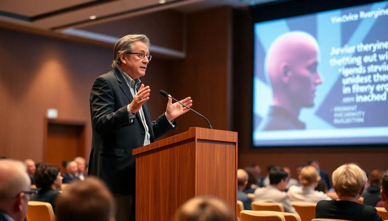 An audience listens attentively as Rivkin outlines the balance between innovation and artistic integrity in the evolving landscape of the film industry
