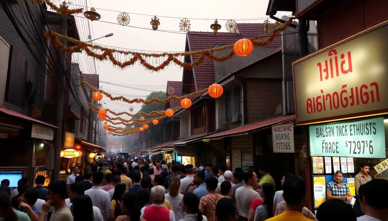 Crowds gather in a dimly lit street in Chiang Mai, where festive decorations contrast with the hazy sky and signs of rising prices are visible at local vendor stalls.