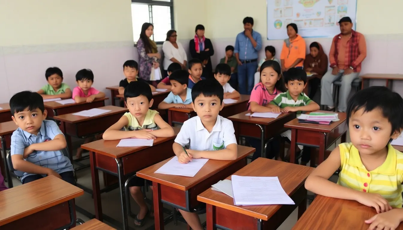 Children in Chiang Mai sit in a classroom with worried expressions as parents discuss the recent increase in nosebleeds linked to the city's poor air quality.