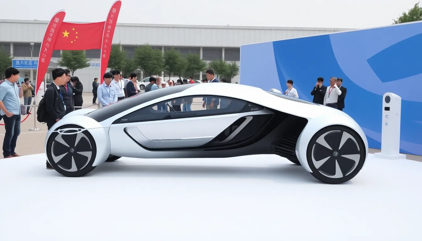 Chinese engineers present a prototype flying car at an automotive expo, showcasing its ultrafast charging capability amidst discussions on the impact of the Iran crisis on the electric vehicle market.