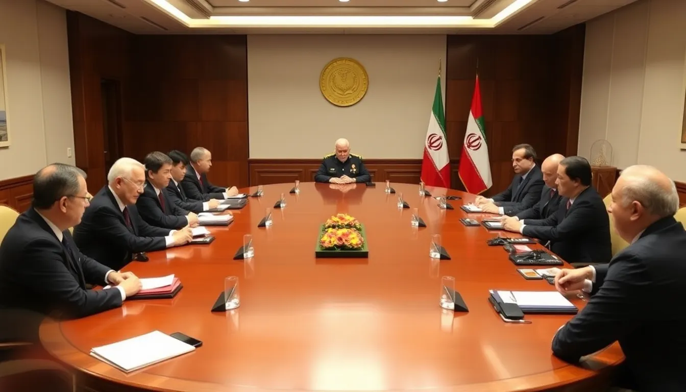 Chinese officials engage in discussions with Iranian representatives in a conference room, highlighting efforts to mediate peace in the ongoing Iran conflict.