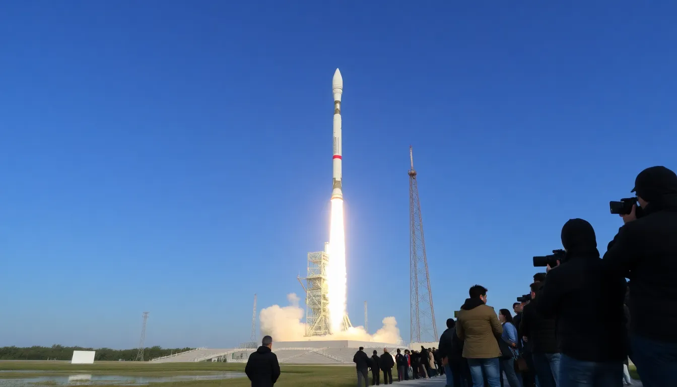 A Chinese rocket launches into the sky, marking the successful start of the Chang'e 6 mission aimed at lunar exploration and sample collection.