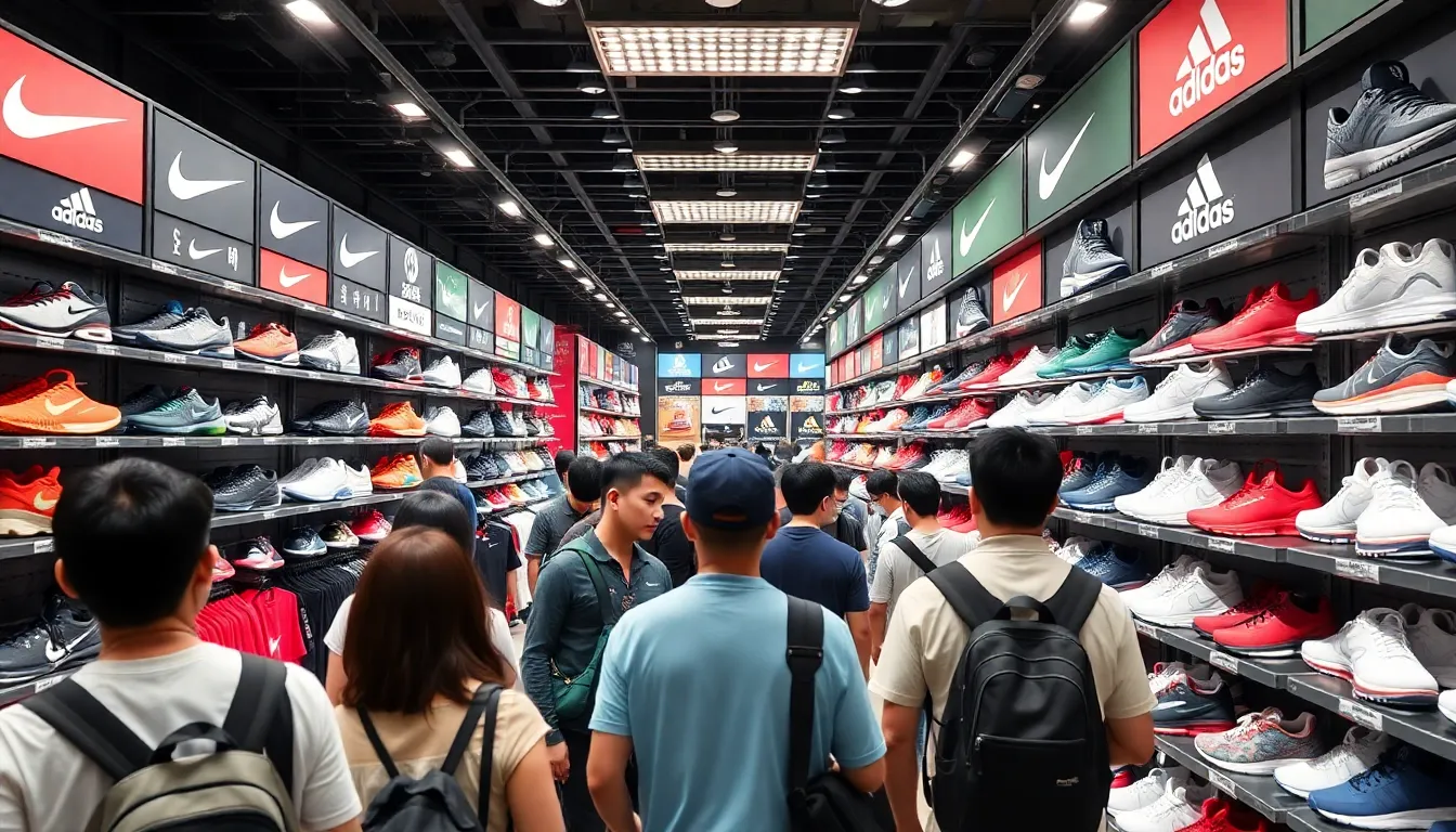 A bustling sportswear store showcases a variety of Chinese brands prominently displayed alongside international competitors, attracting a diverse group of shoppers.
