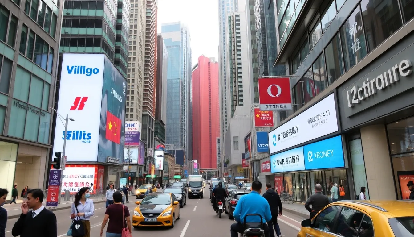 A bustling street in Hong Kong features the headquarters of several prominent Chinese tech companies, showcasing their growing influence in the city's vibrant business landscape.