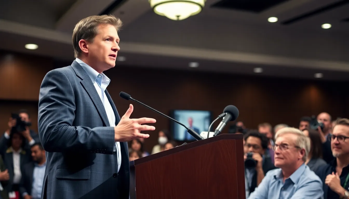 Christopher Anderson speaks at a press conference, expressing his concerns about intimidation tactics used by associates of Jeffrey Epstein.