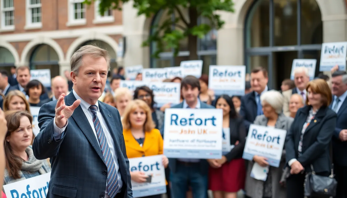 A crowd gathers outside a political rally for Reform UK, where party leader Richard Tice speaks passionately about the upcoming elections and the importance of financial support from backers like Christopher Harborne.