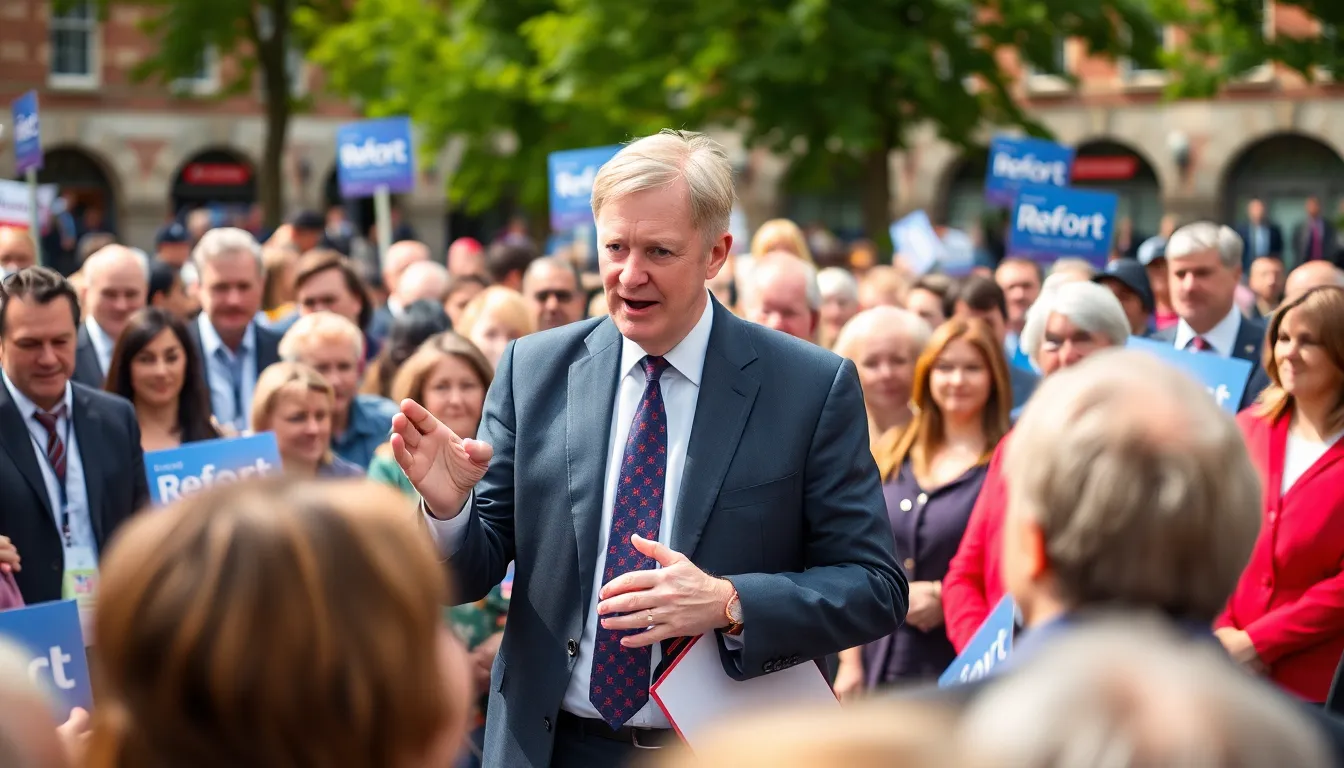 A scene depicting a bustling political campaign office, filled with staff strategizing on how to leverage Harborne's financial backing