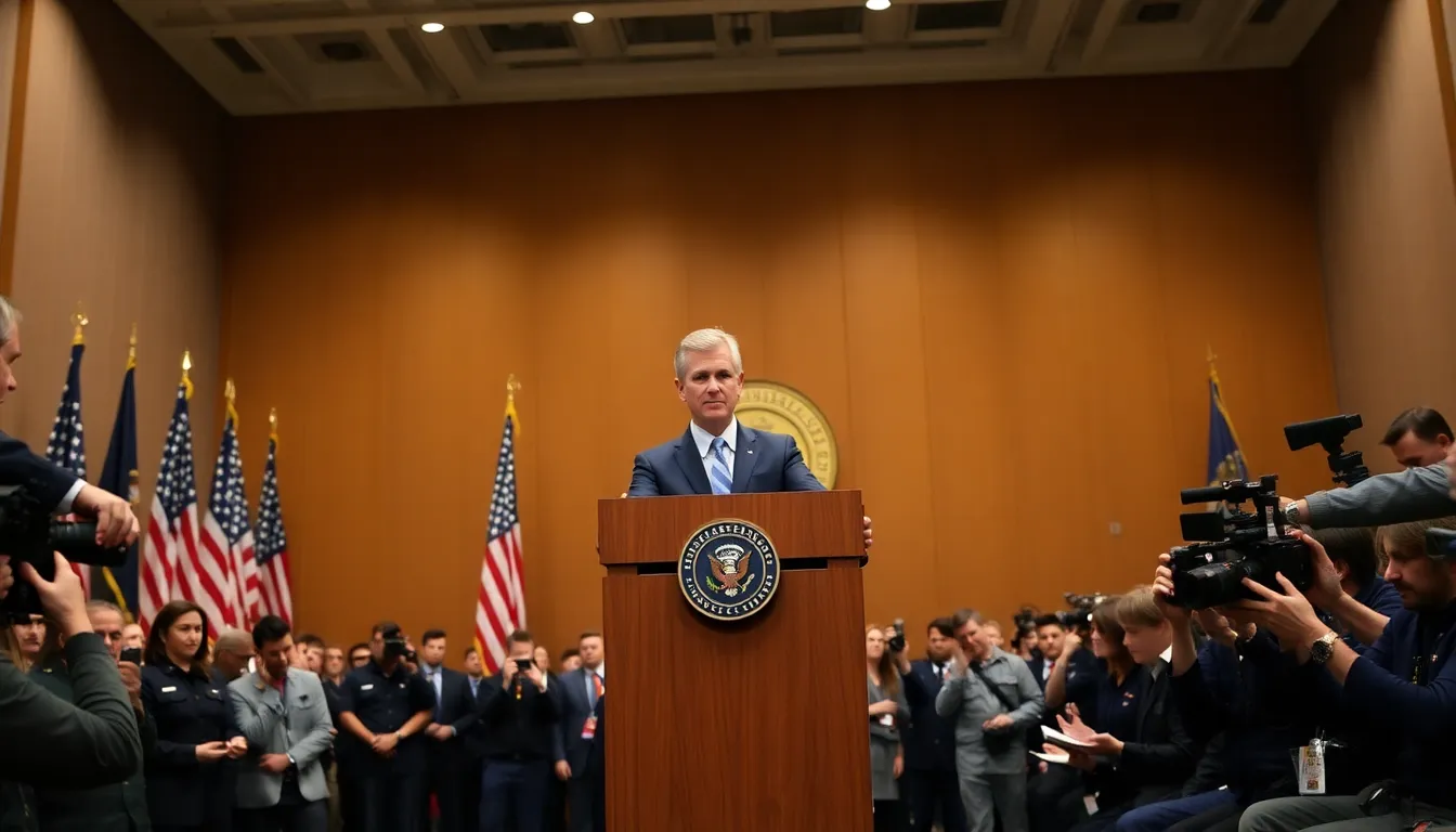 Christopher LaNeve stands confidently at a podium during a press conference, discussing his upcoming role as the new leader of the US Army amid a backdrop of military flags and reporters.