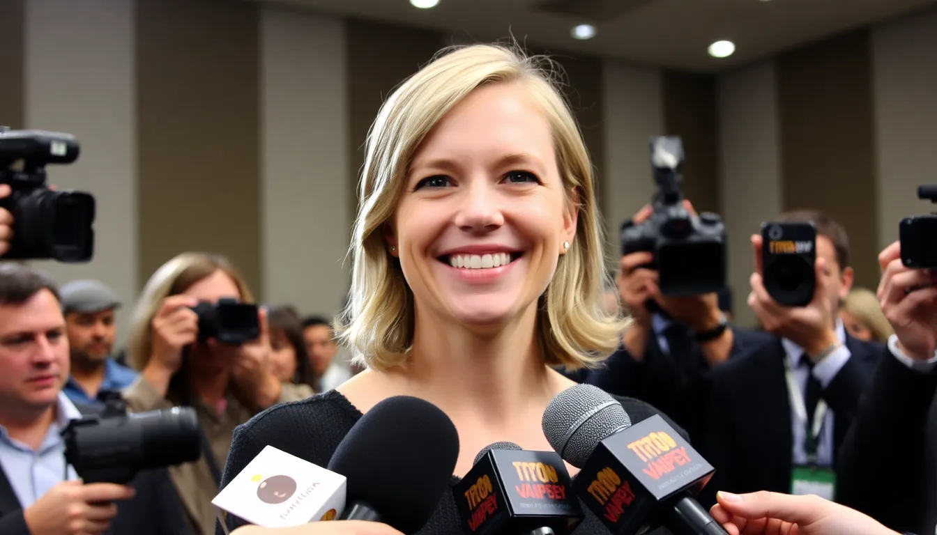 Claire Danes smiles while attending a press event announcing her role in the upcoming Netflix series Lovesick, surrounded by reporters and cameras.