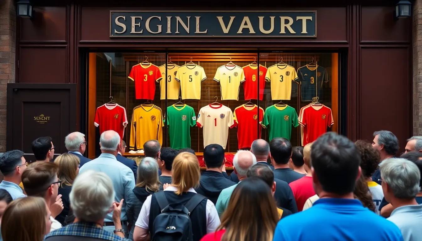 A bustling scene at the opening event of the vintage football shirt vault, where fans gather to celebrate their shared passion for the sport's history