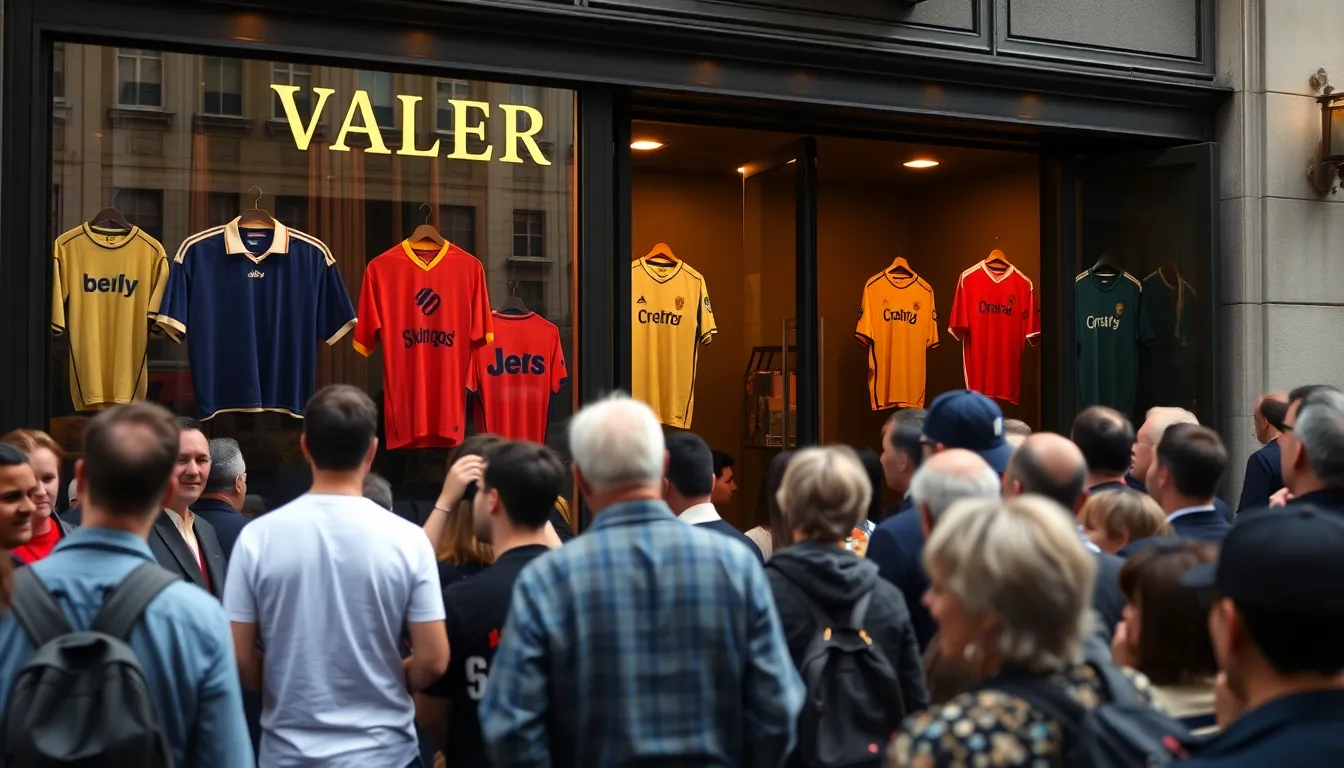 a bustling crowd gathers outside a newly opened vault showcasing vintage football shirts, with enthusiasts admiring rare jerseys displayed in the windows.