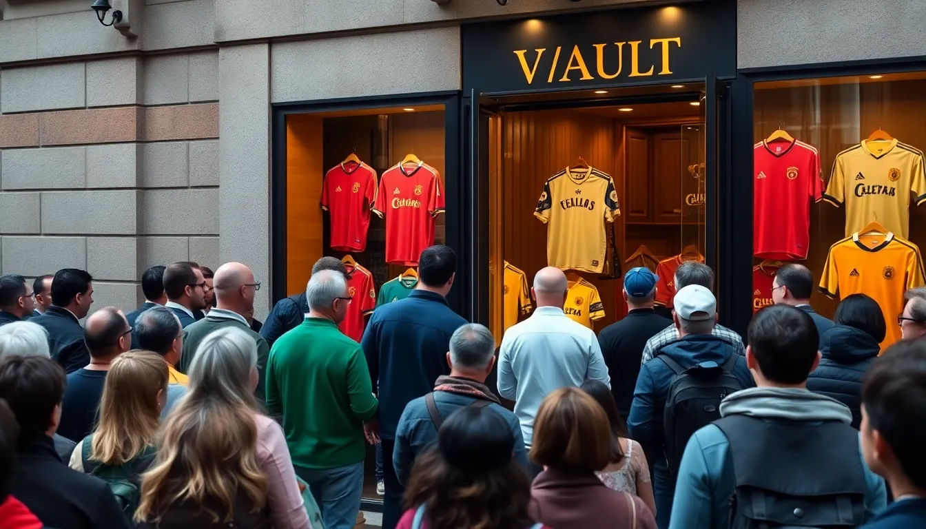 Enthusiastic collectors examining rare jerseys in a dedicated vault, highlighting the emotional connections to their favorite teams and players