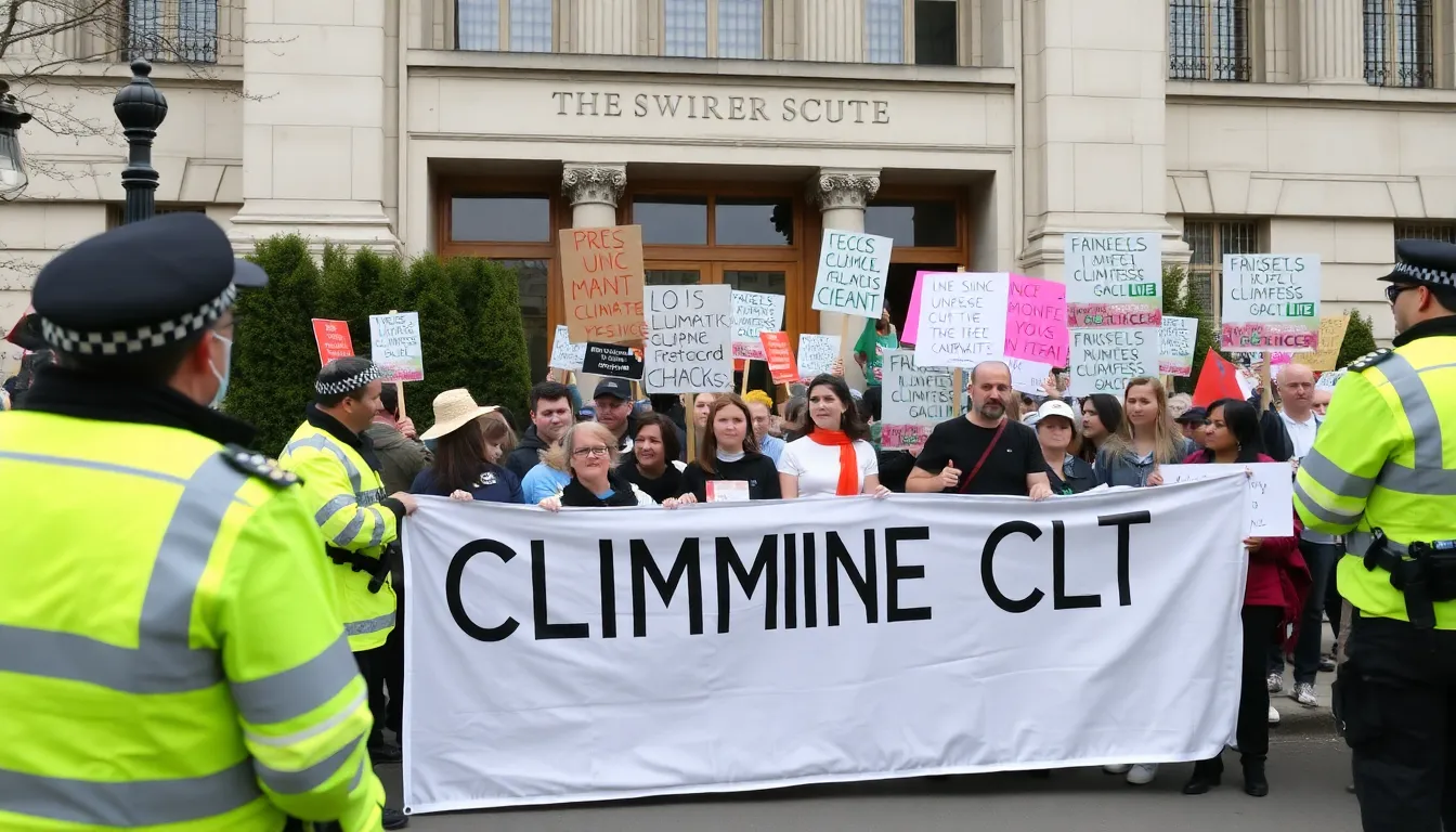 A group of climate protesters holding banners and chanting slogans gathers in front of a government building, surrounded by police officers monitoring the demonstration.