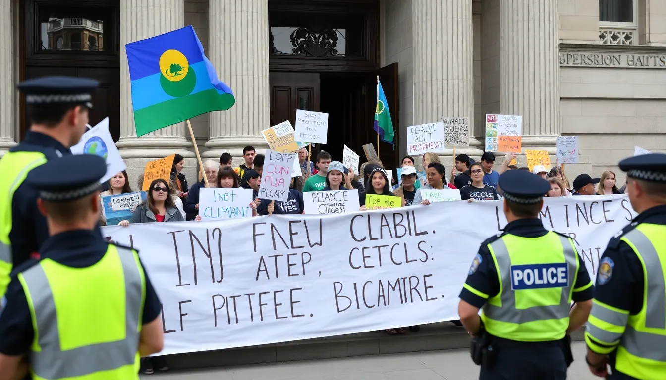 An intense debate taking place at a public forum, with diverse stakeholders discussing the implications of criminalising climate protests