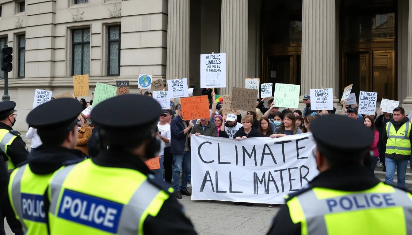 A striking visual of a peaceful demonstration, showcasing the unity and determination of activists fighting for climate justice amidst a backdrop of urban life