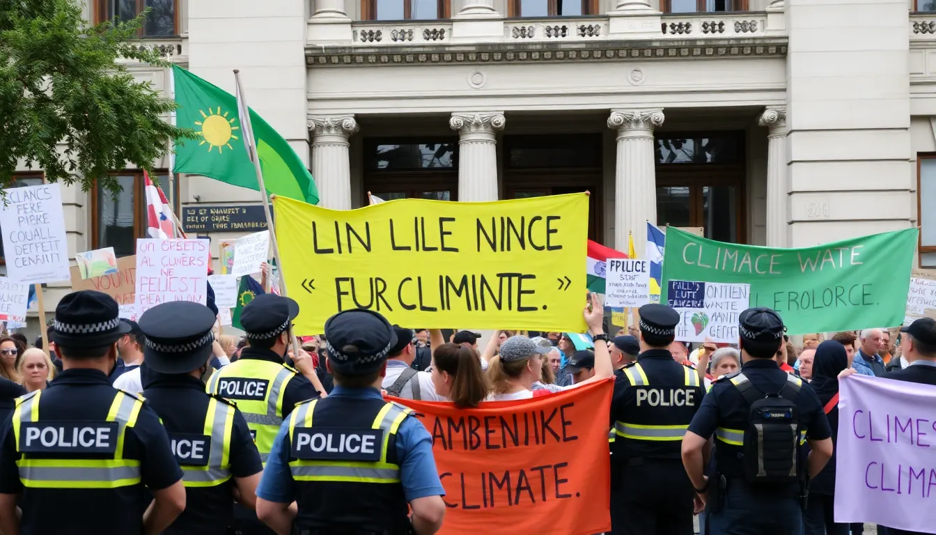 A group of passionate climate protesters holding banners and chanting slogans, highlighting their commitment to environmental advocacy