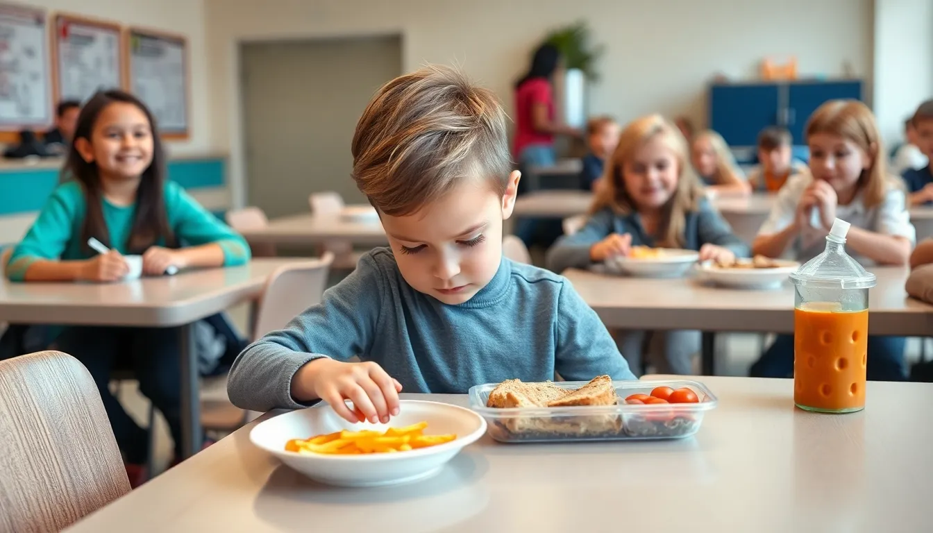 A young child sits at a school cafeteria table, examining a glutenfree meal while classmates enjoy their lunches, highlighting the social challenges faced by those with coeliac disease.