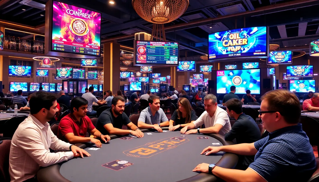 A group of enthusiastic players gathers around a poker table at CoinPoker, eagerly participating in a game as digital screens display vibrant graphics and player statistics.