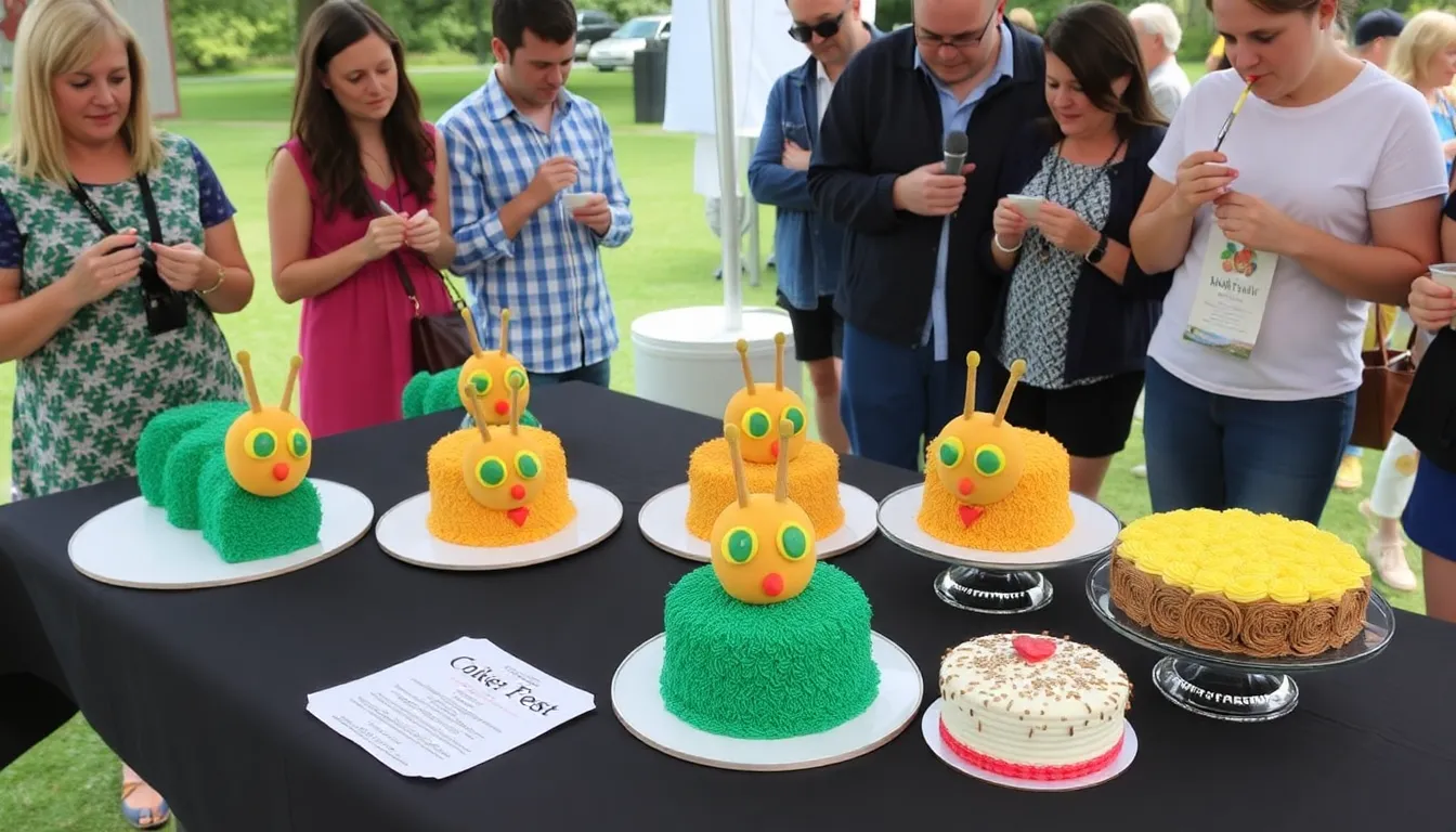 Colin the Caterpillar cake sits on a table surrounded by several competing lookalike cakes during a taste test event.