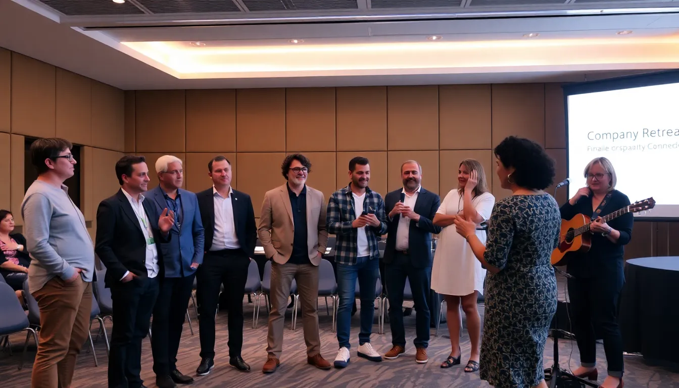 Producers and directors of the 'Company Retreat' gather on stage, discussing the challenges faced during the finale reveal while Sia prepares for her performance in the background.