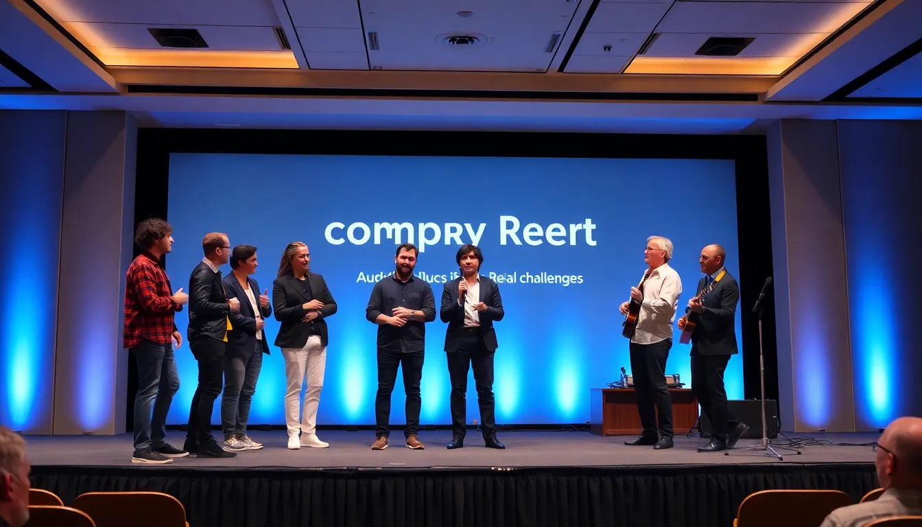 A vibrant scene from the company retreat talent show, highlighting employees showcasing their diverse skills and creativity