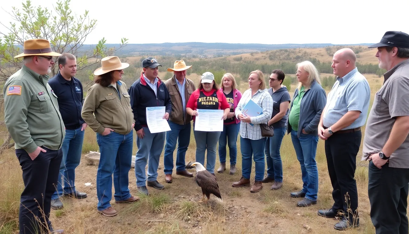 A group of wildlife agency representatives and community members engage in a discussion about the upcoming golden eagle release efforts, surrounded by a natural landscape.