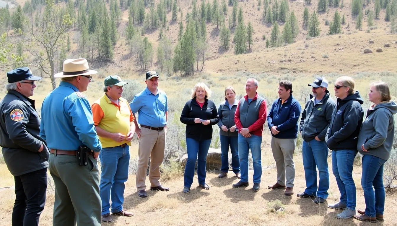 Researchers conducting ecological assessments in a mountainous area to evaluate nesting sites and prey availability for golden eagles