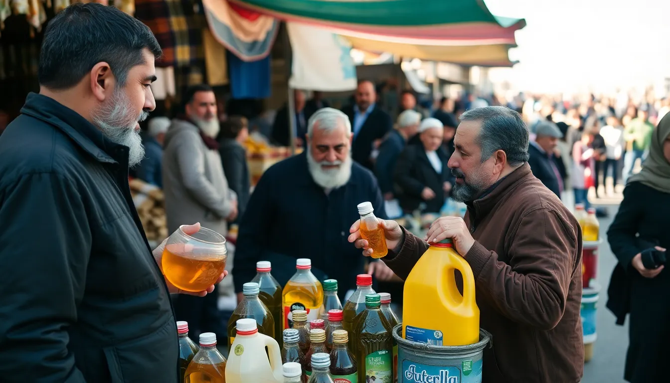 Consumers in a bustling market navigating increased prices for cooking oil, showcasing the urgent need for affordable essentials in the face of rising living costs