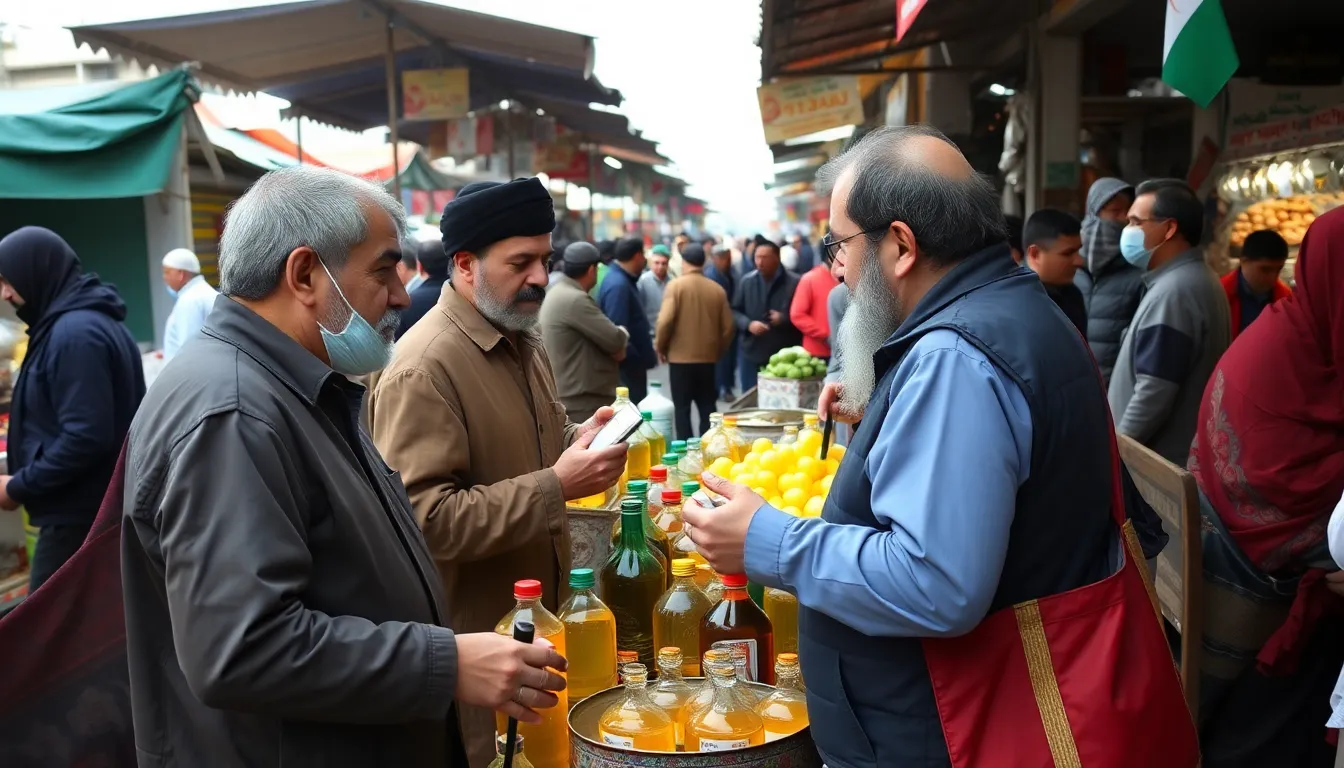 Traders at a bustling market near Iran's border negotiate prices for cooking oil as rising costs and shortages reflect the country's ongoing economic struggles.