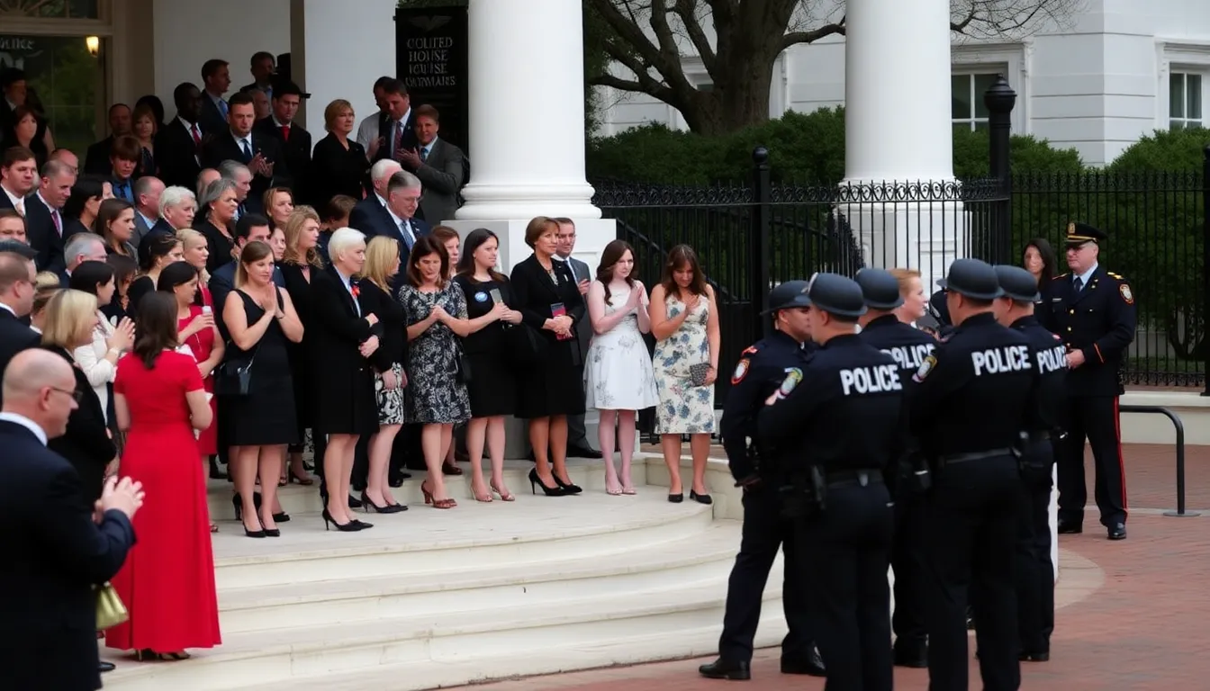 Attendees of the White House Correspondents' Dinner huddle together in panic as law enforcement secures the area following a shooting incident outside the venue.