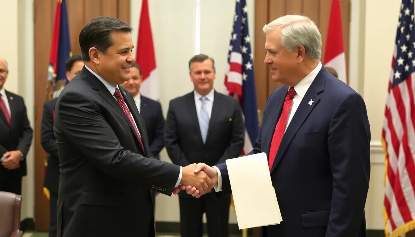 Costa Rican President Rodrigo Chaves and US Secretary of State Antony Blinken shake hands during a meeting to finalize an agreement on accepting deportees from the US.