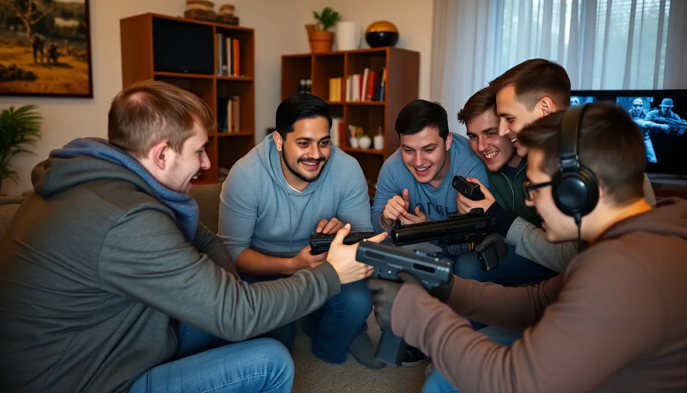 A group of gamers is gathered around a computer screen, intensely discussing strategies while playing CounterStrike 2, with visible excitement and focus on their faces.