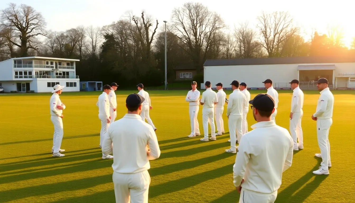 Players in white uniforms gather on the cricket field as the sun shines brightly, marking the historic early start of the county cricket season on March 30.