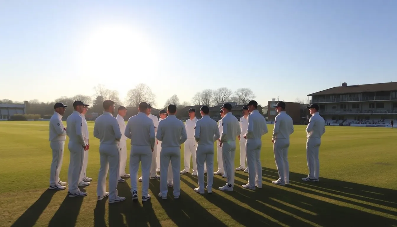 A county cricket match taking place on a chilly March day, showcasing the unpredictable weather conditions affecting play
