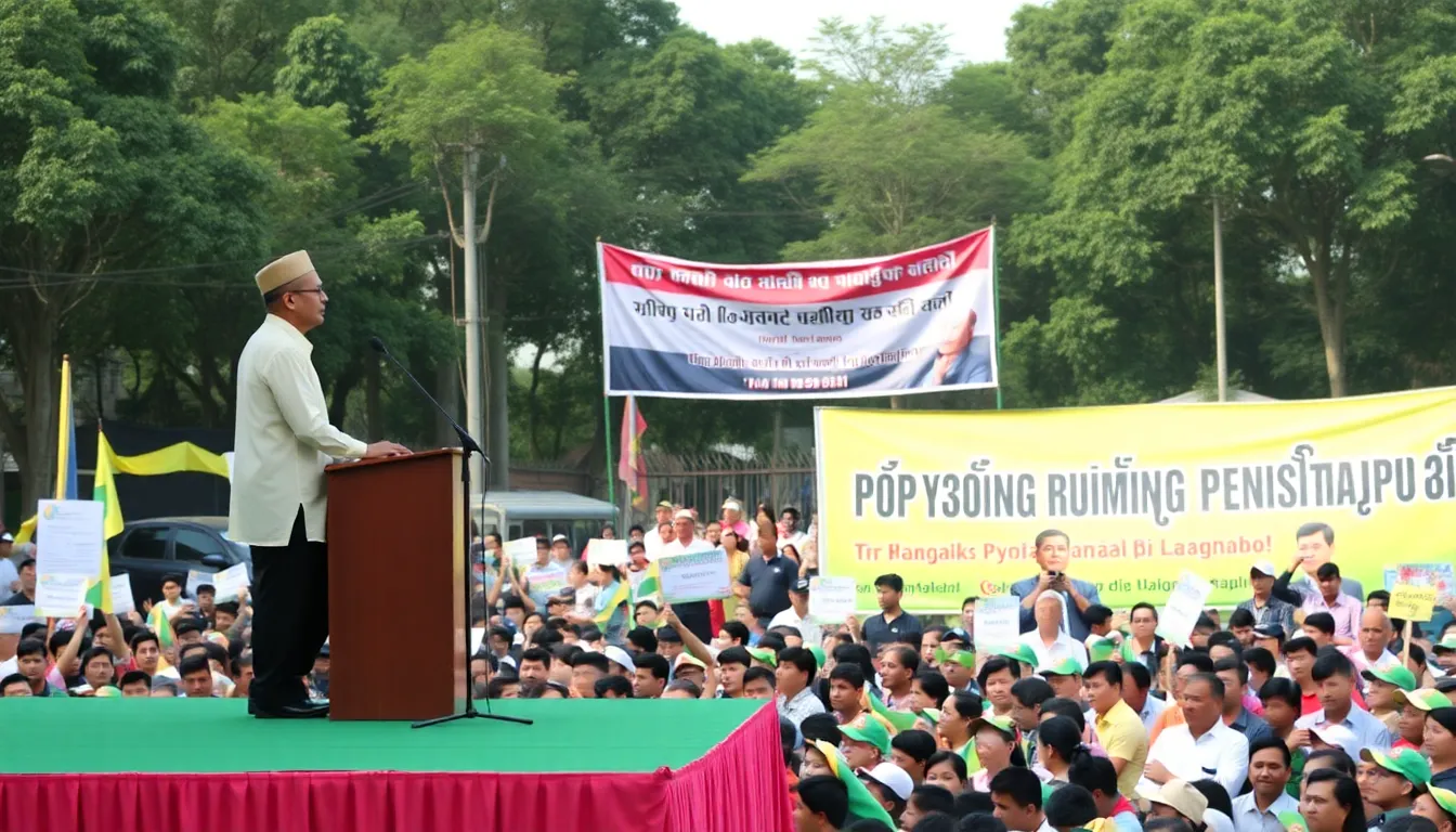 Min Aung Hlaing, the leader of Myanmar's military junta, addresses a crowd of supporters during a rally promoting the upcoming presidential election amid ongoing political unrest.