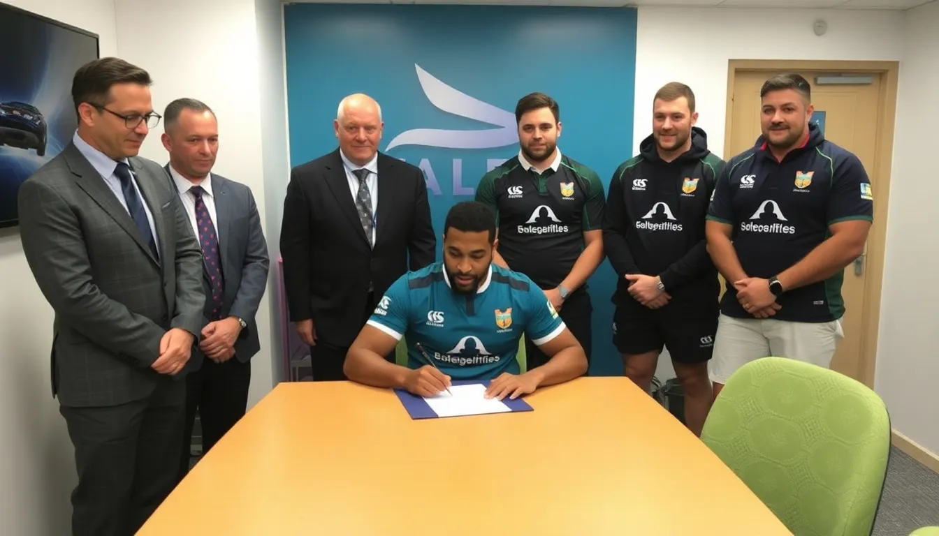 Courtney Lawes confidently signs his oneyear contract with Sale Sharks, surrounded by club officials and teammates, as he aims to revitalize his rugby career.