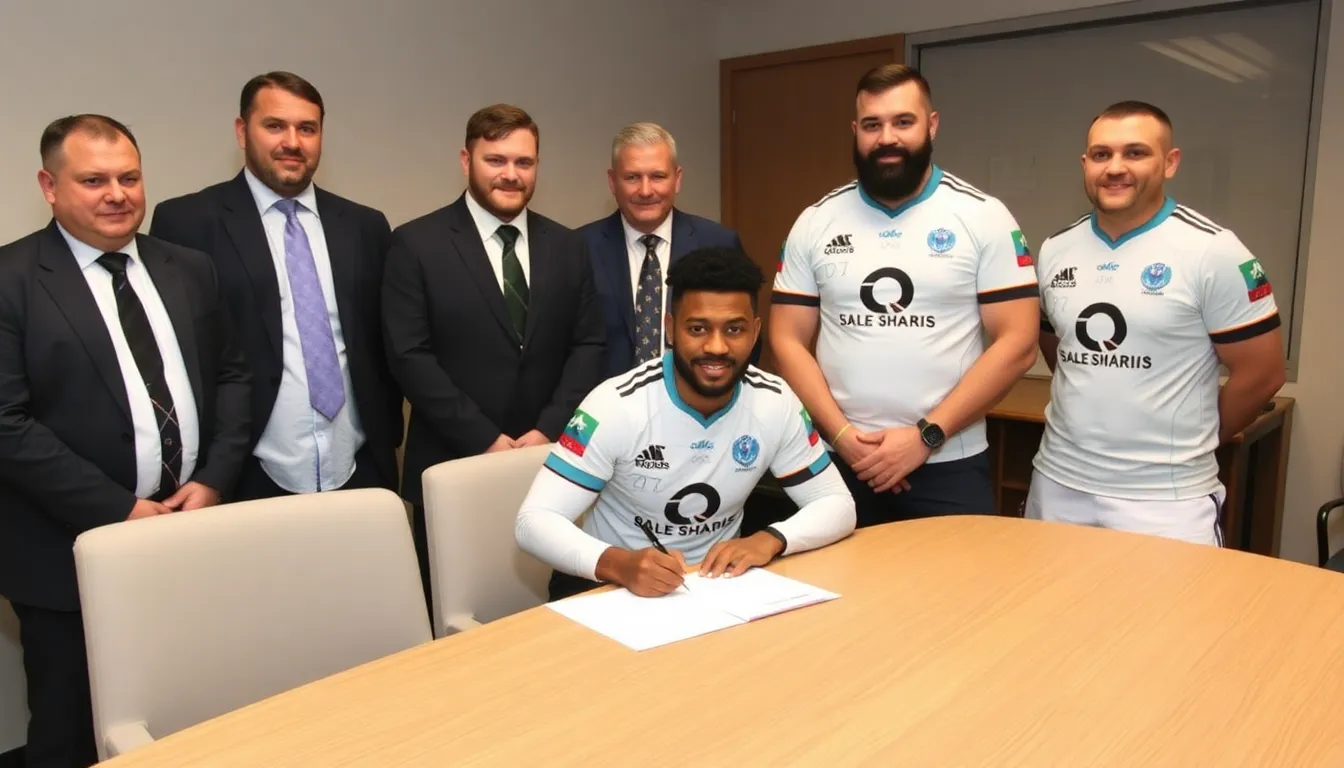 A closeup of Courtney Lawes discussing strategies with teammates, highlighting his leadership and experience within the Sale Sharks