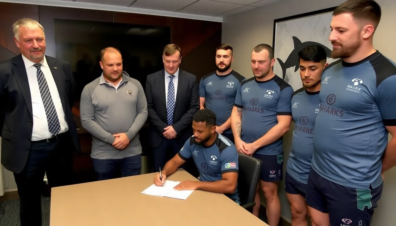 Fans cheering enthusiastically for Sale Sharks during a match, reflecting the excitement surrounding Lawes' return to club rugby