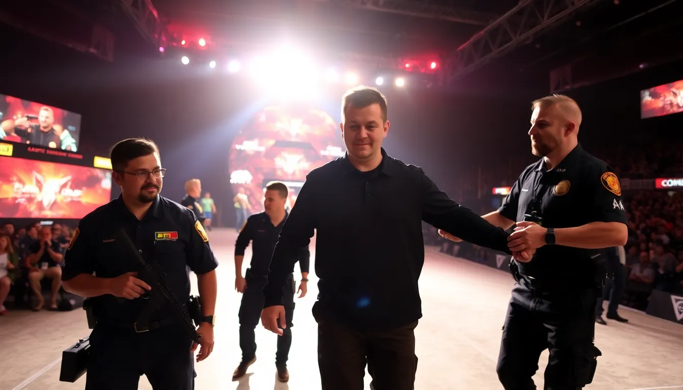 A professional esports player is being escorted off the stage by security personnel after a physical altercation with another competitor during a live CounterStrike 2 tournament.