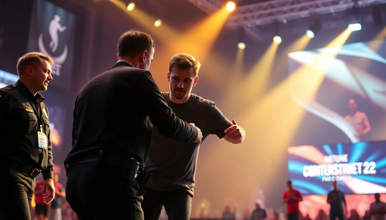 Tournament organizers swiftly intervening to address the onstage conflict and maintain order