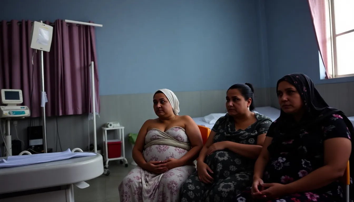 Expectant mothers in a dimly lit hospital room in Cuba anxiously await prenatal care amid ongoing power outages that threaten their health and safety.