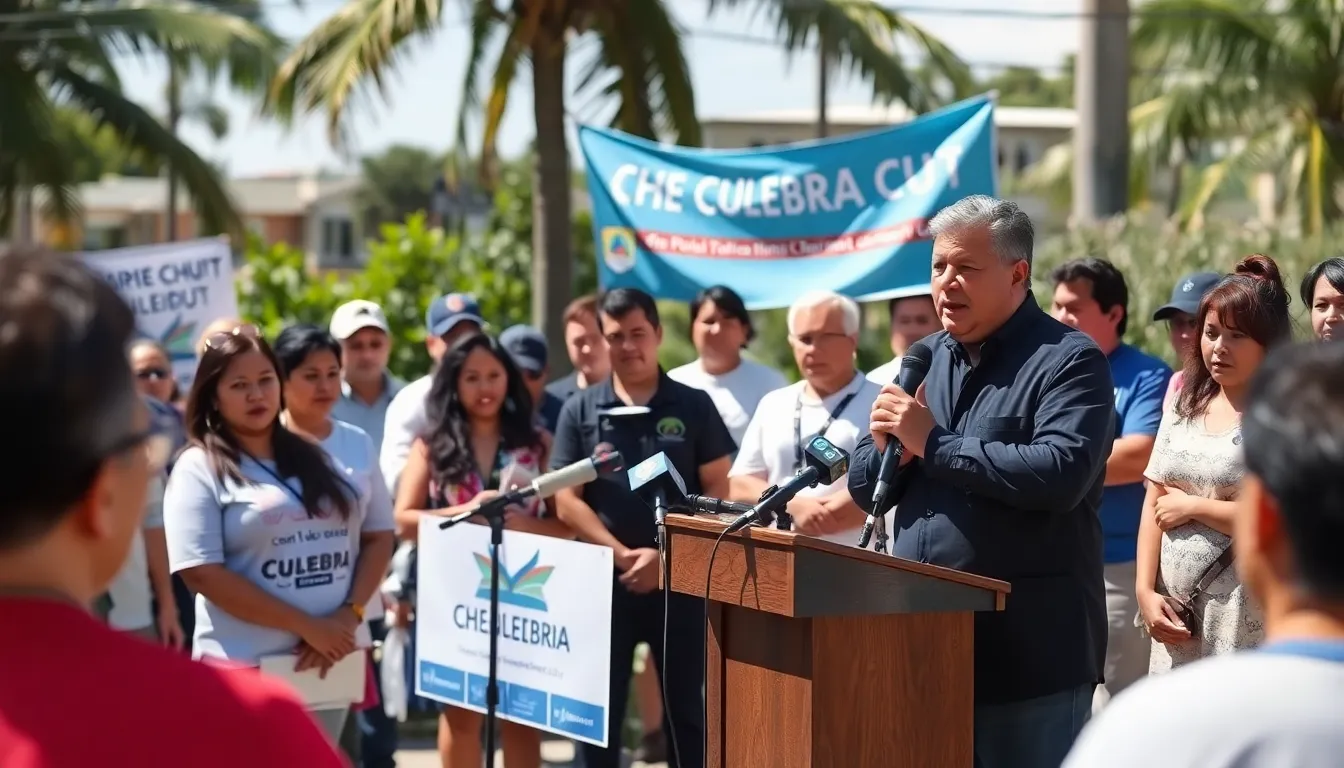 A Panamanian director speaks passionately at a press conference, emphasizing the significance of the Culebra Cut in light of recent U.S. military exercises, while a backdrop of concerned citizens listening intently highlights the urgency of the situation.